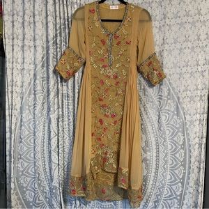 Womens Indian Pakistani Anarkali Suit Kurta Beige and Hot Pink Design Size 32
